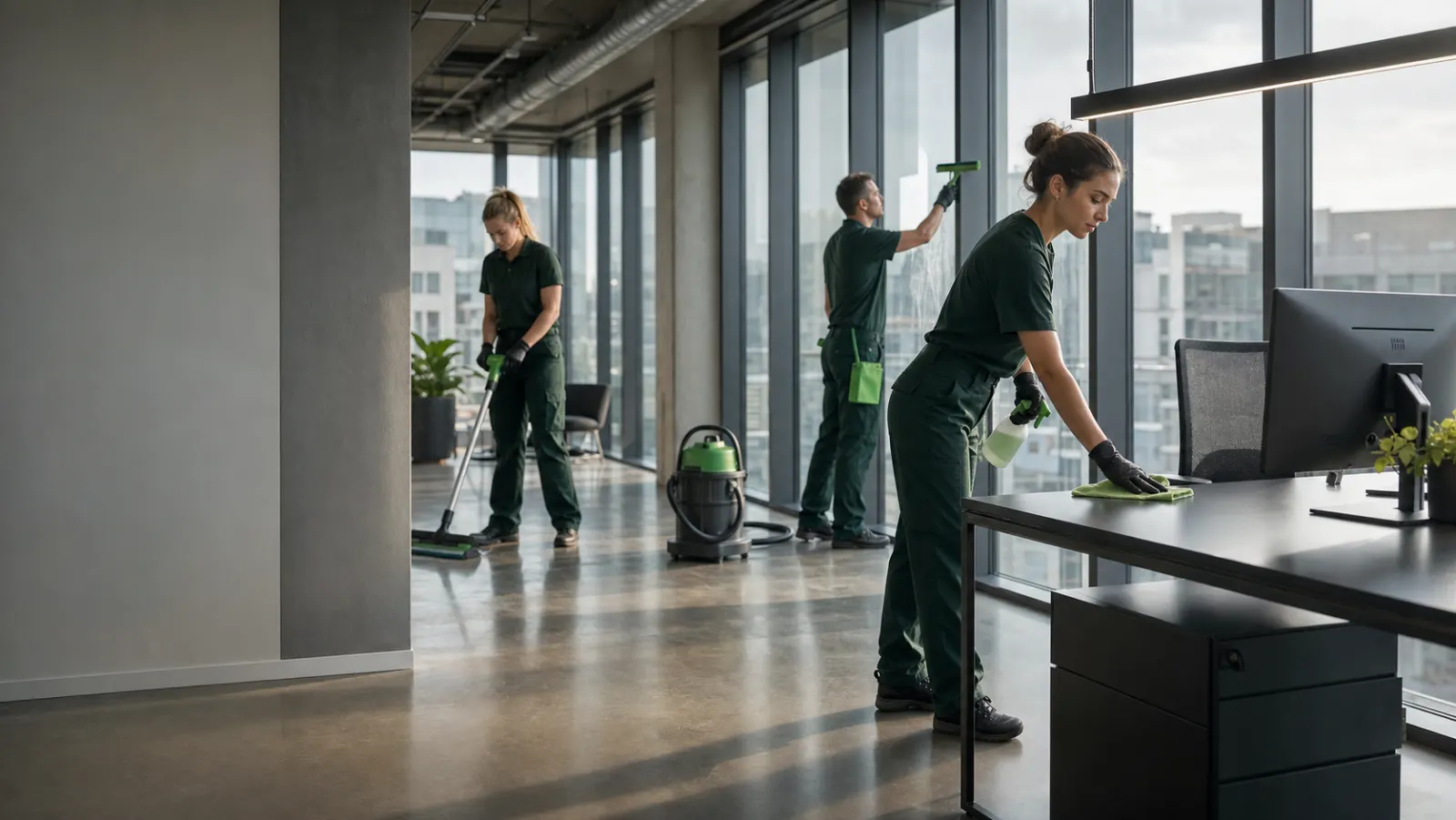 Professionelles Reinigungsteam bei der Arbeit in einem modernen Berliner Büro